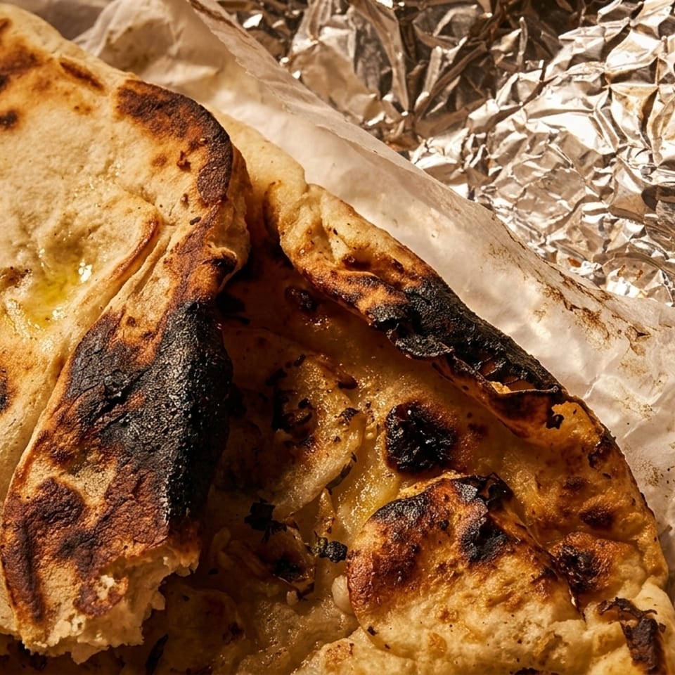 Close-up of golden-brown naan bread with melted butter and herbs, wrapped in parchment and foil.