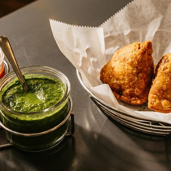 Two golden-brown samosas in a basket with white paper, next to three jars of colorful chutneys.