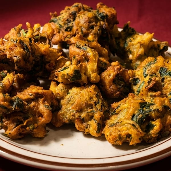 A plate of golden-brown pakoras with visible green herbs, on a white plate with a brown rim.