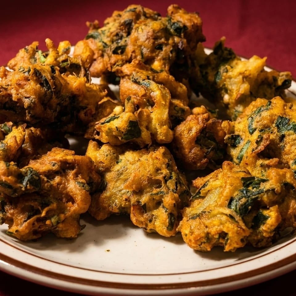 A plate of golden-brown pakoras with visible green herbs, on a white plate with a brown rim.