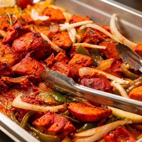 Tandoori chicken, onions, and peppers in a metal serving tray with tongs.
