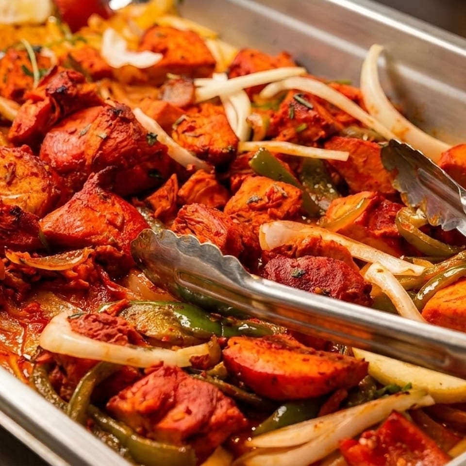 Tandoori chicken, onions, and peppers in a metal serving tray with tongs.