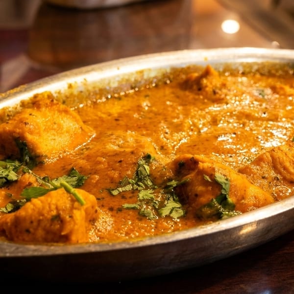 Chicken tikka masala in a metal serving dish, garnished with fresh cilantro.