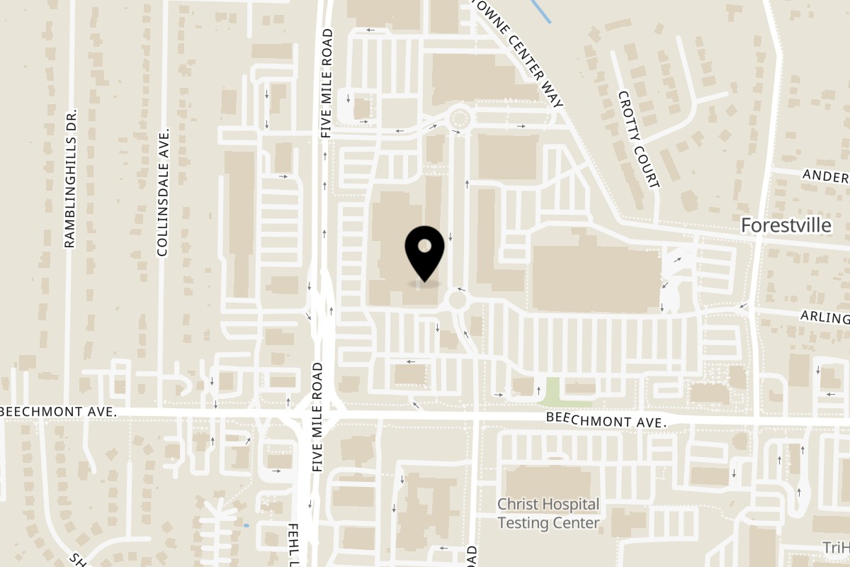 Map showing the location of Taj Indian Restaurant on 7426 Beechmont Ave in Cincinnati